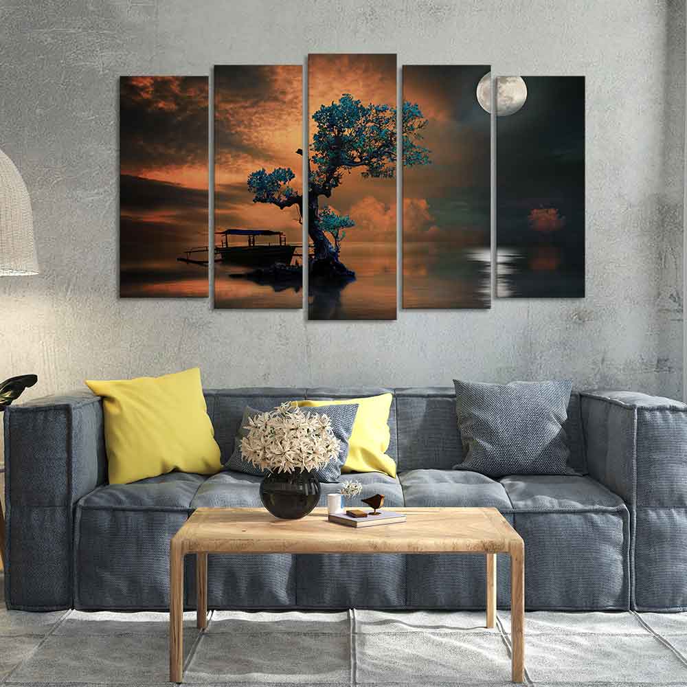 Amazing Tree Under The Moon Premium Wall Painting Set of 5 Pieces - Image 3