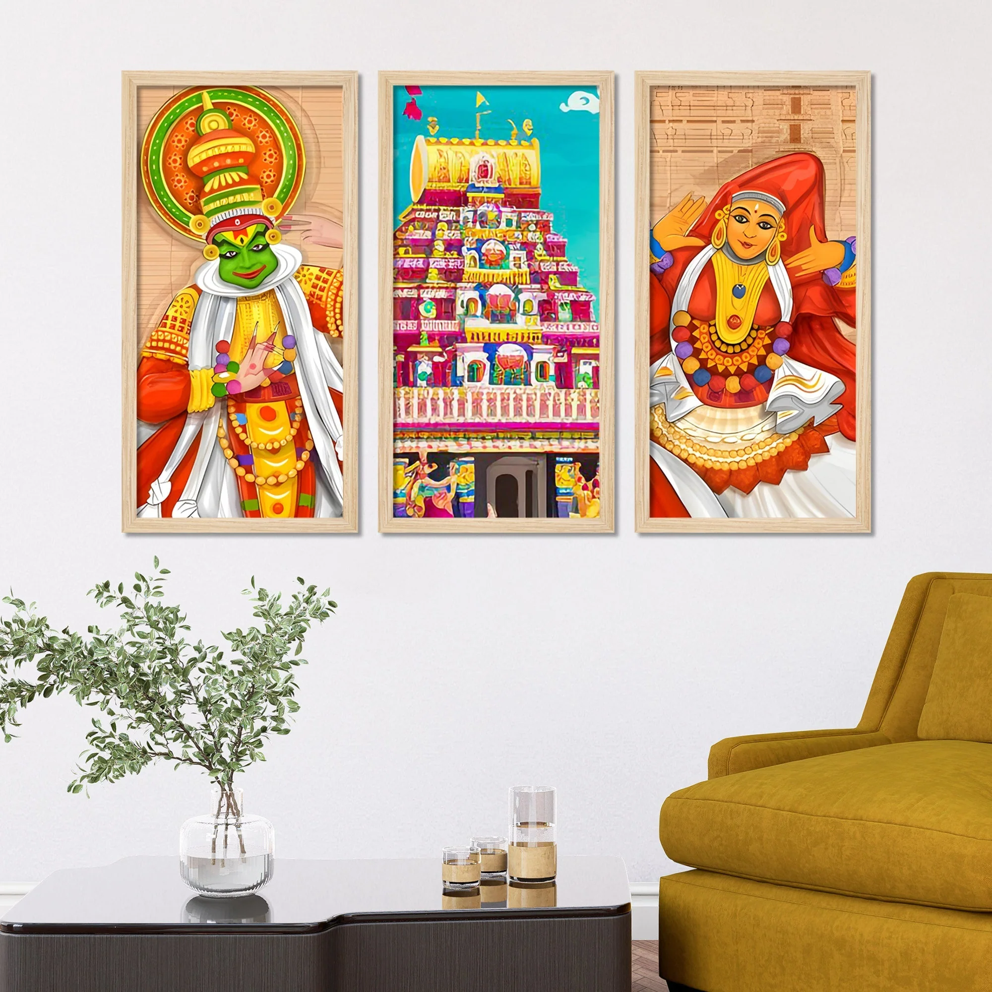 Ancient Temple Onam Festival Art Wooden Wall Frame Set of Three - Image 3