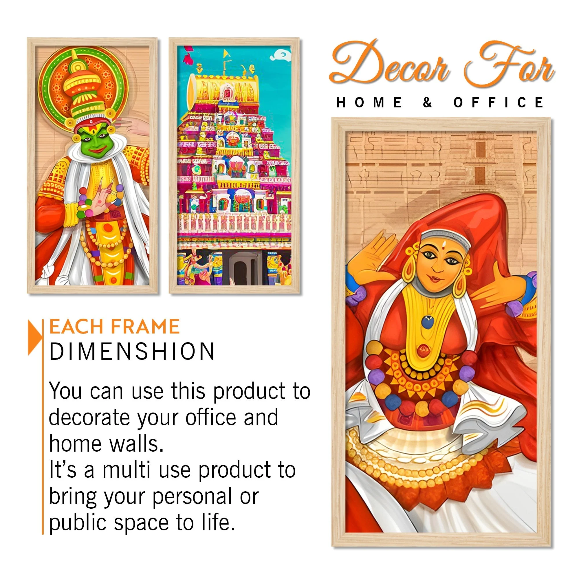 Ancient Temple Onam Festival Art Wooden Wall Frame Set of Three - Image 5