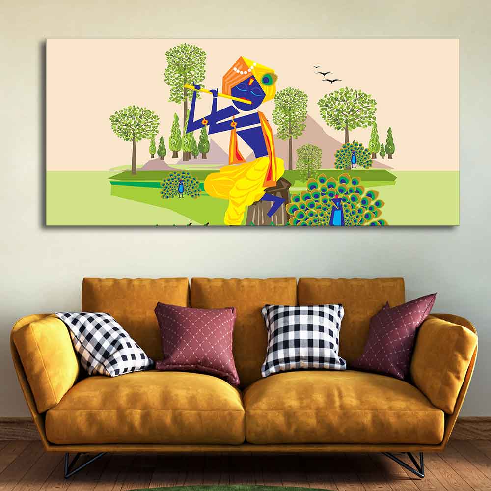 Animated Little Krishna With Flute Large Canvas Wall Painting - Image 2