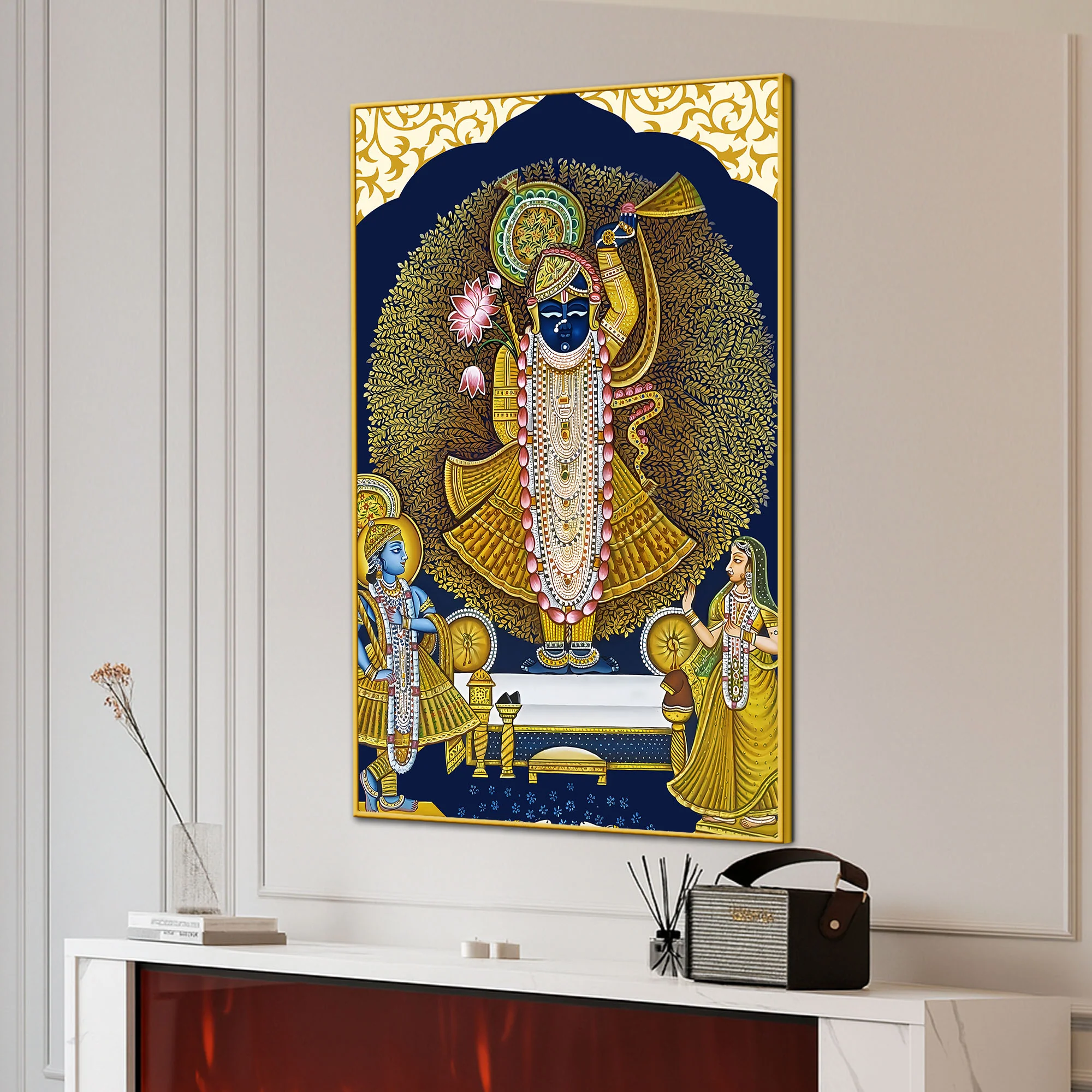 Antique Lord Shrinathji Pichwai Styled Canvas Wall Painting - Image 3
