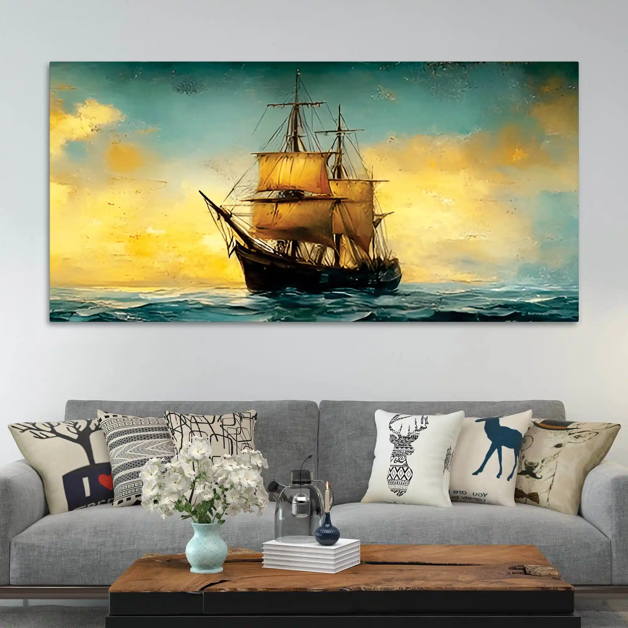 Antique Style Ocean Sailing Ship Abstract Canvas Wall Painting - Image 3