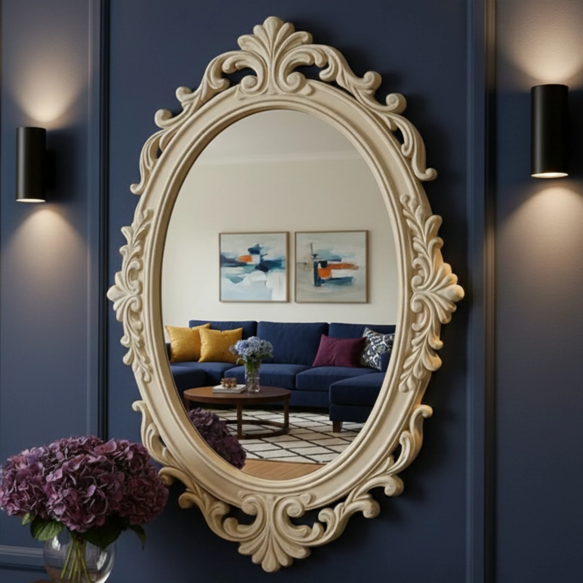 Antique Style Oval 3D Wall Mirror with Ornate Carved Frame – Luxury Decorative Wall Mirrors for Home & Studio - Image 3