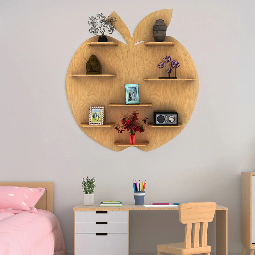 Apple Shape Backlit Designer Wooden Wall Shelf / Book Shelf / Night Light, Light Oak Finish - Image 2