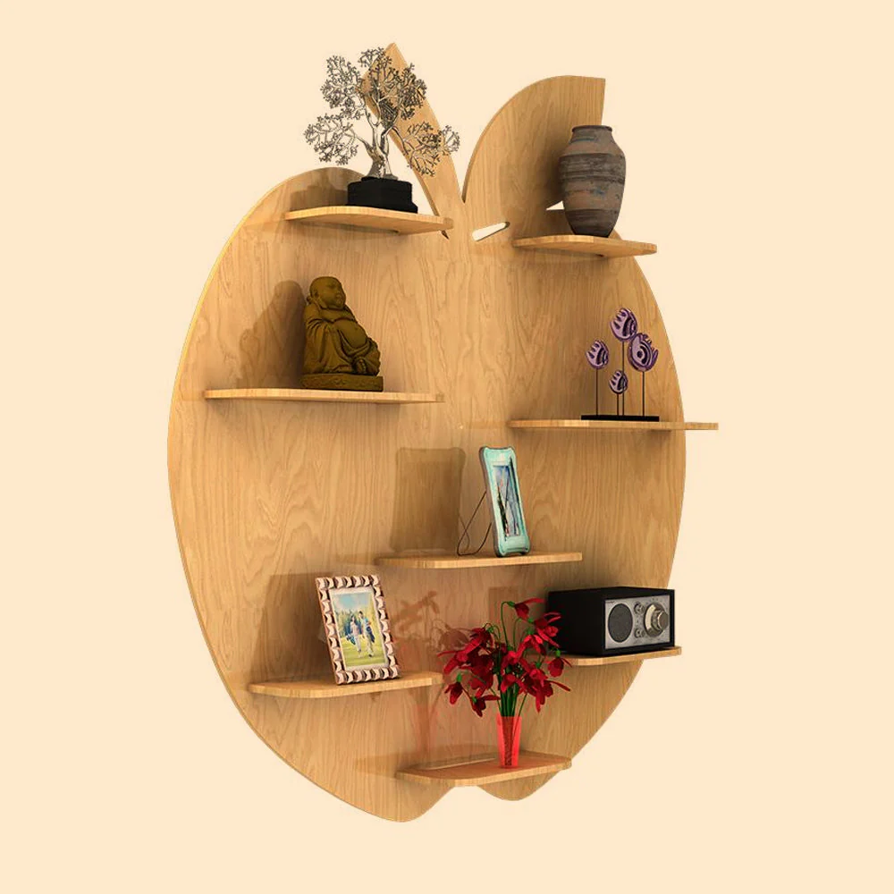 Apple Shape Backlit Designer Wooden Wall Shelf / Book Shelf / Night Light, Light Oak Finish - Image 3