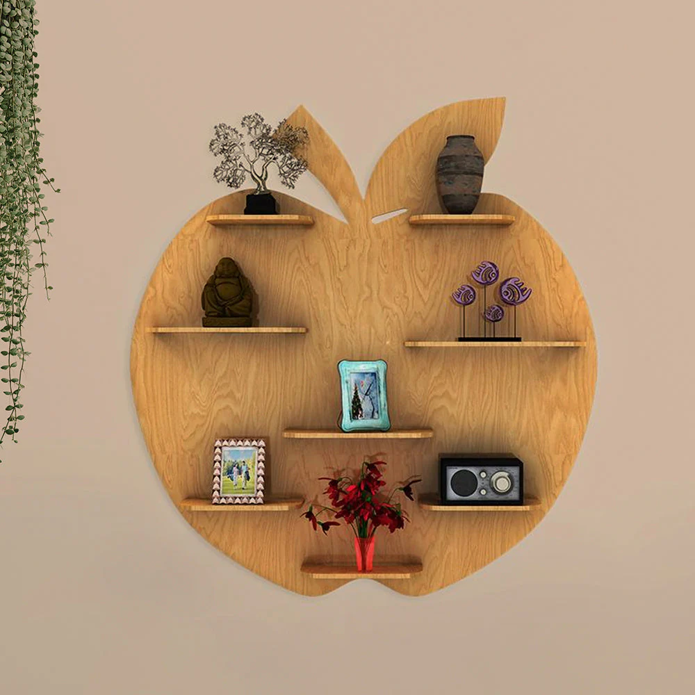Apple Shape Backlit Designer Wooden Wall Shelf / Book Shelf / Night Light, Light Oak Finish - Image 4