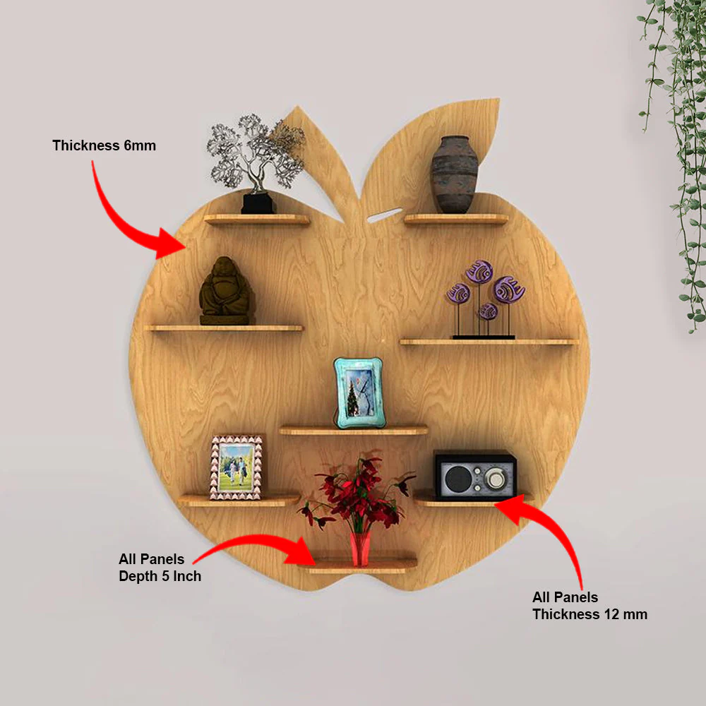 Apple Shape Backlit Designer Wooden Wall Shelf / Book Shelf / Night Light, Light Oak Finish - Image 5