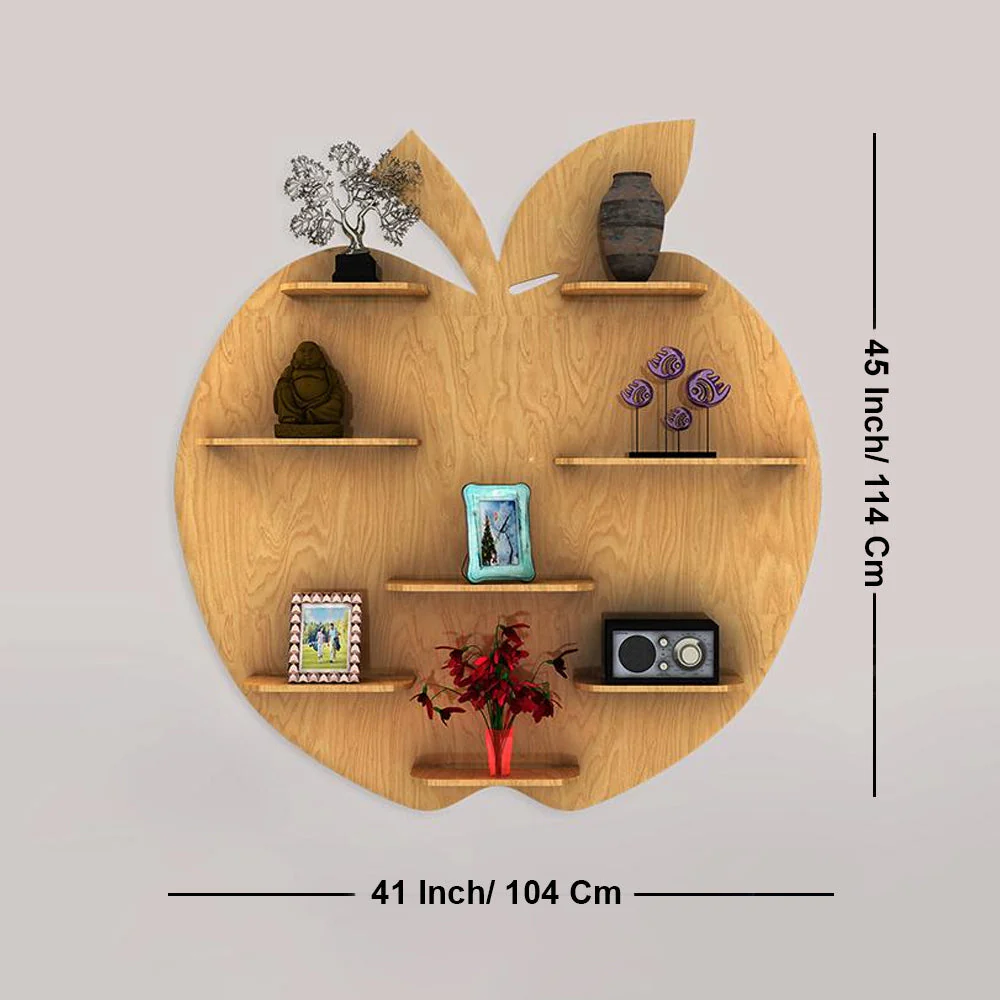 Apple Shape Backlit Designer Wooden Wall Shelf / Book Shelf / Night Light, Light Oak Finish - Image 6