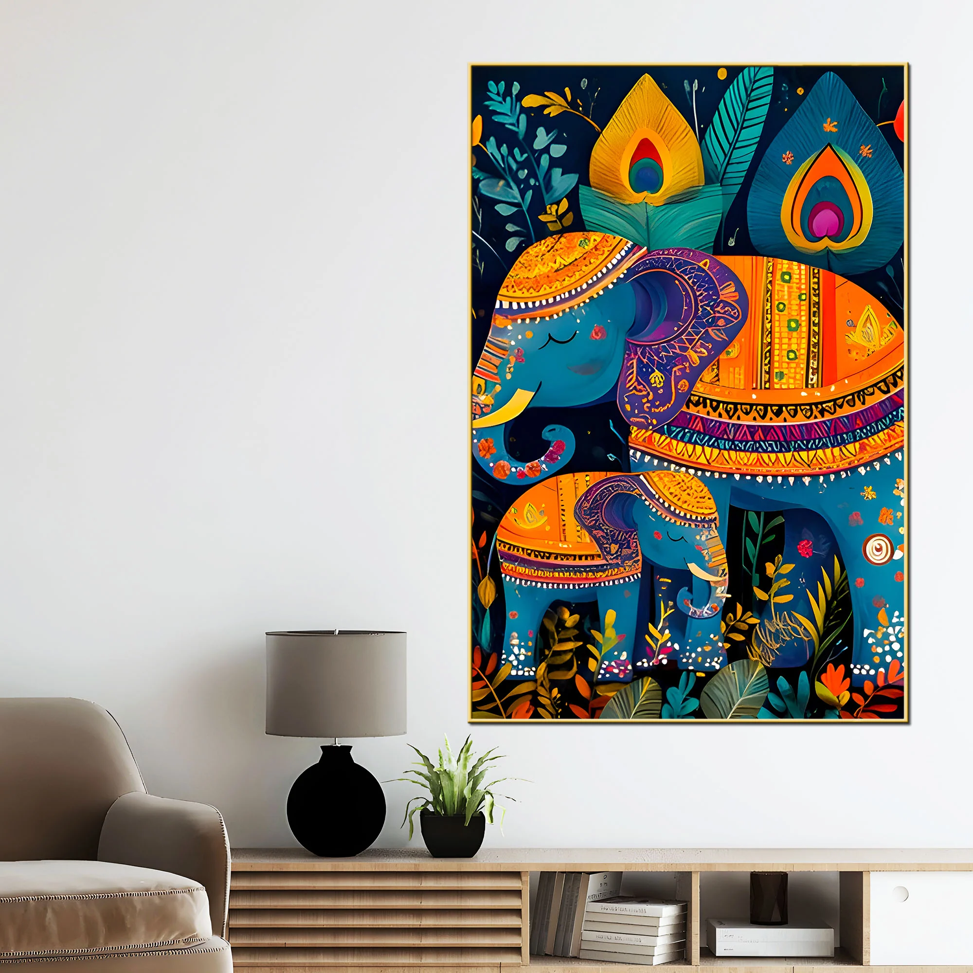 Artistic Elephant Mother & Baby Colorful Canvas Wall Painting - Image 2
