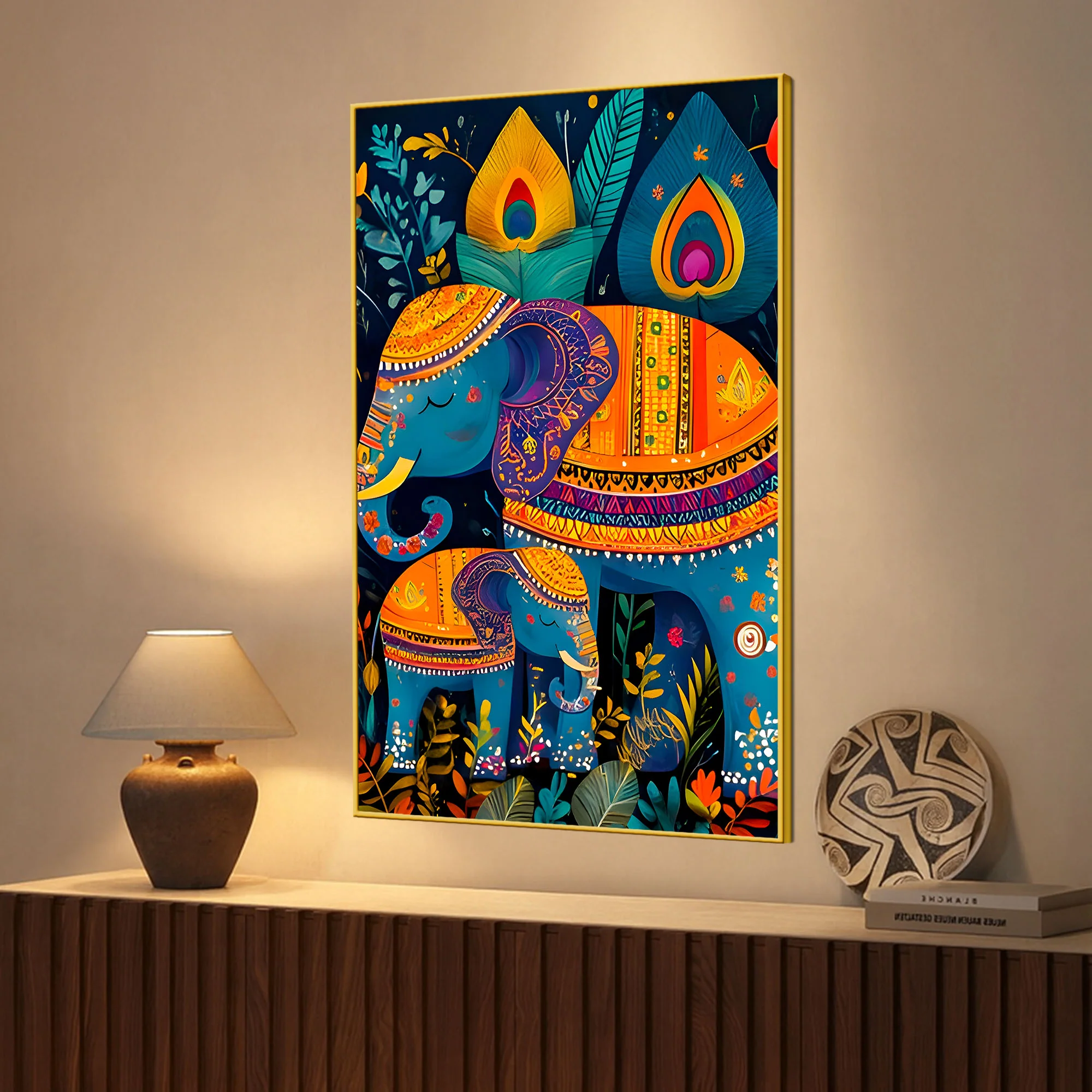 Artistic Elephant Mother & Baby Colorful Canvas Wall Painting - Image 3
