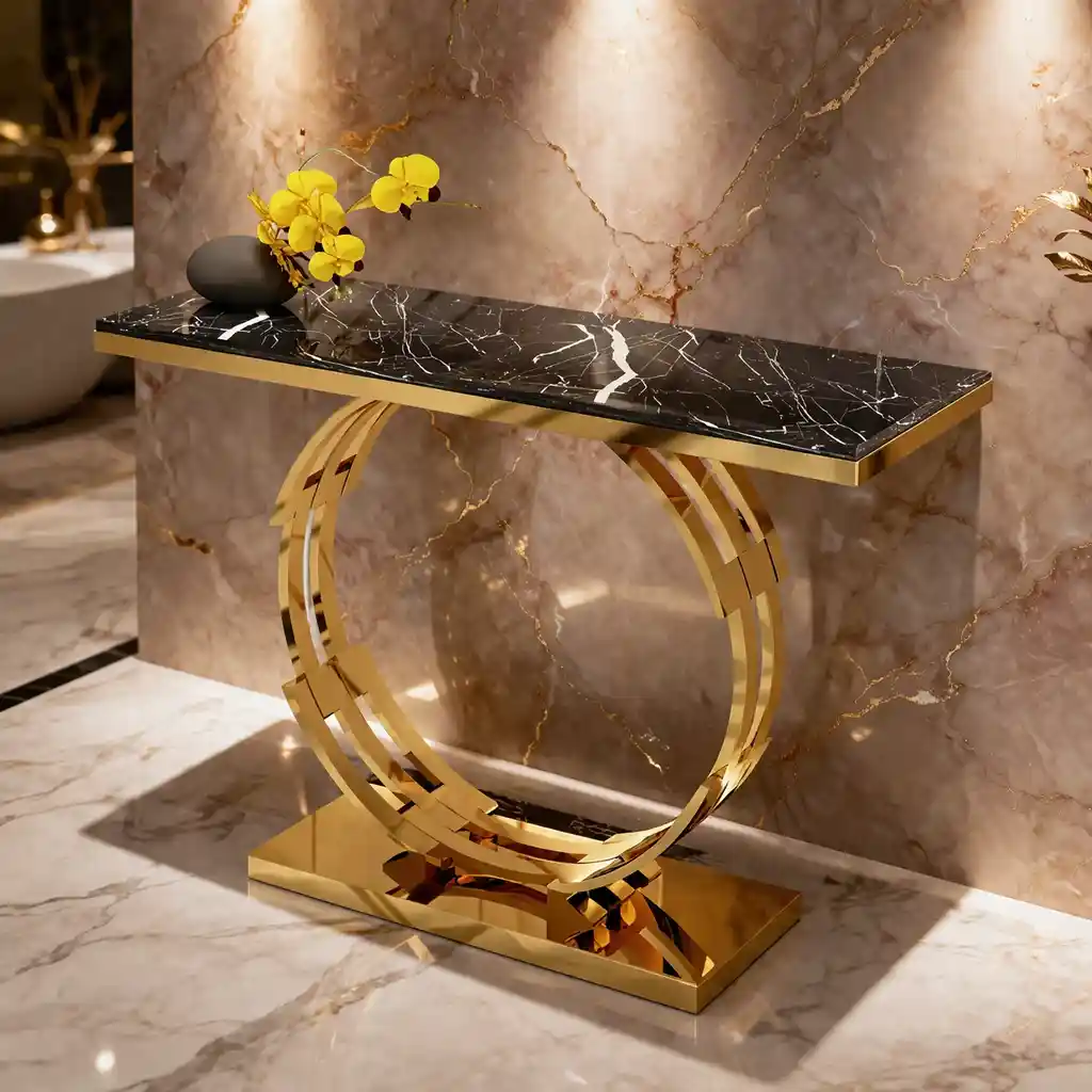 Artistic Golden Ring Metal Base Console Table with Glossy Marble Finish