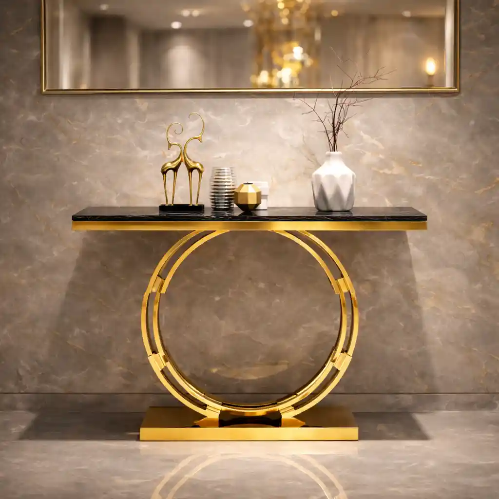 Artistic Golden Ring Metal Base Console Table with Glossy Marble Finish - Image 2