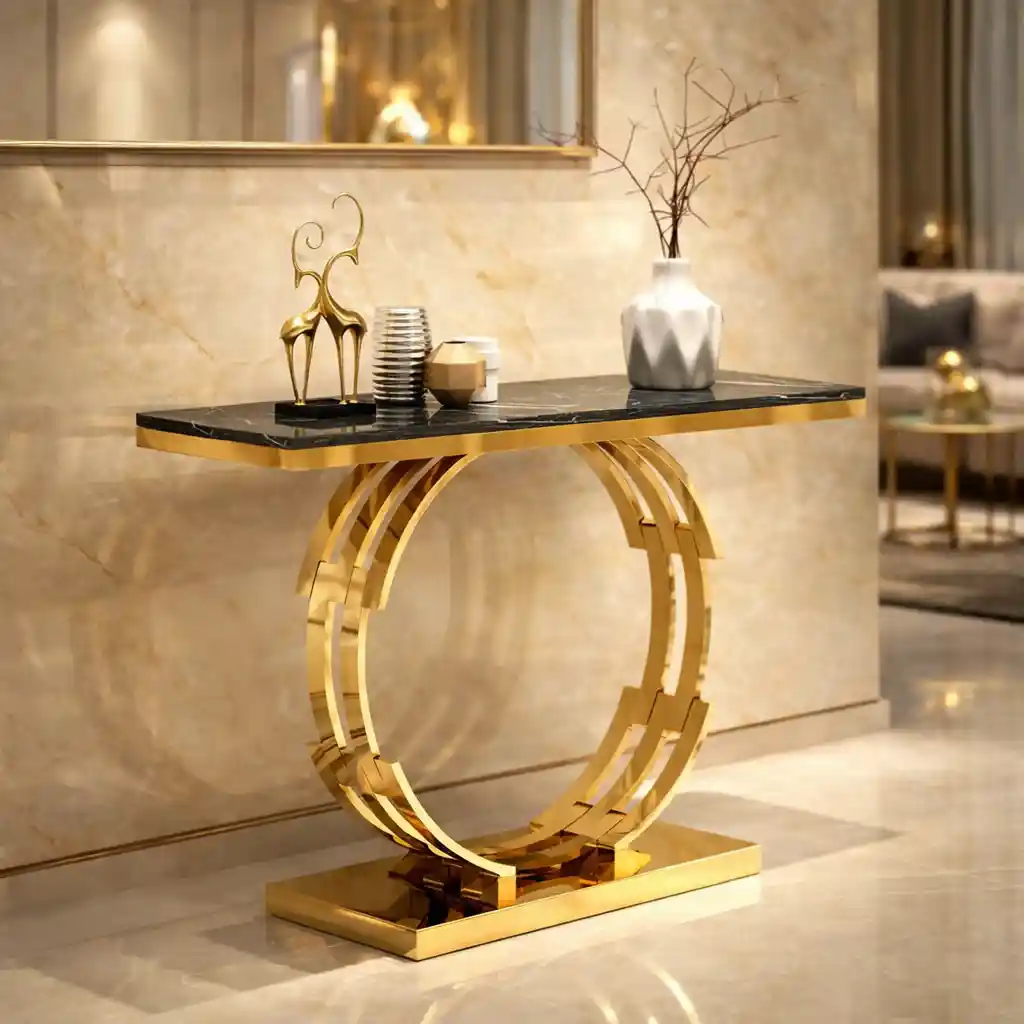 Artistic Golden Ring Metal Base Console Table with Glossy Marble Finish - Image 3
