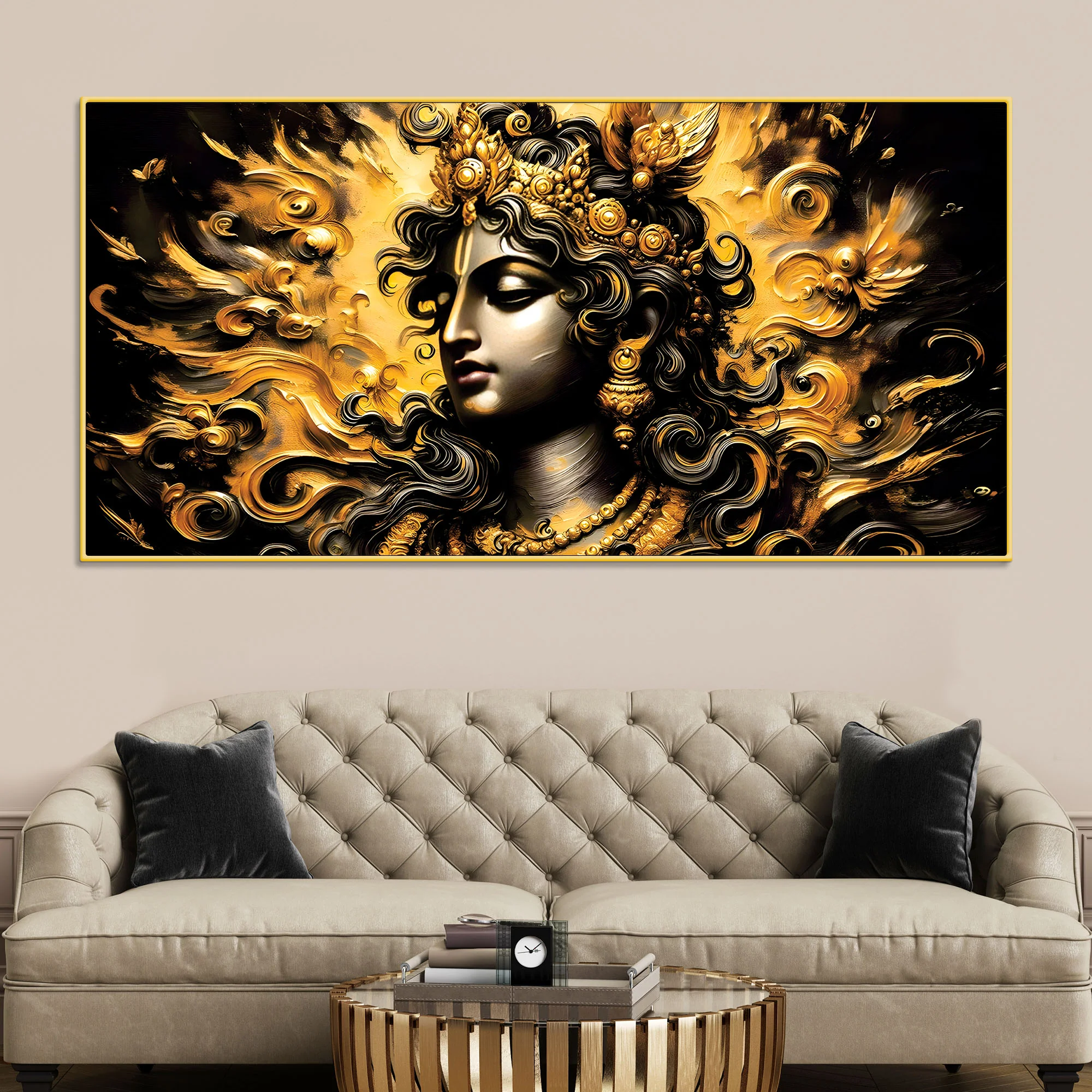 Artistic Lord Krishna Gold Effect Canvas Painting for Home Interiors - Image 2