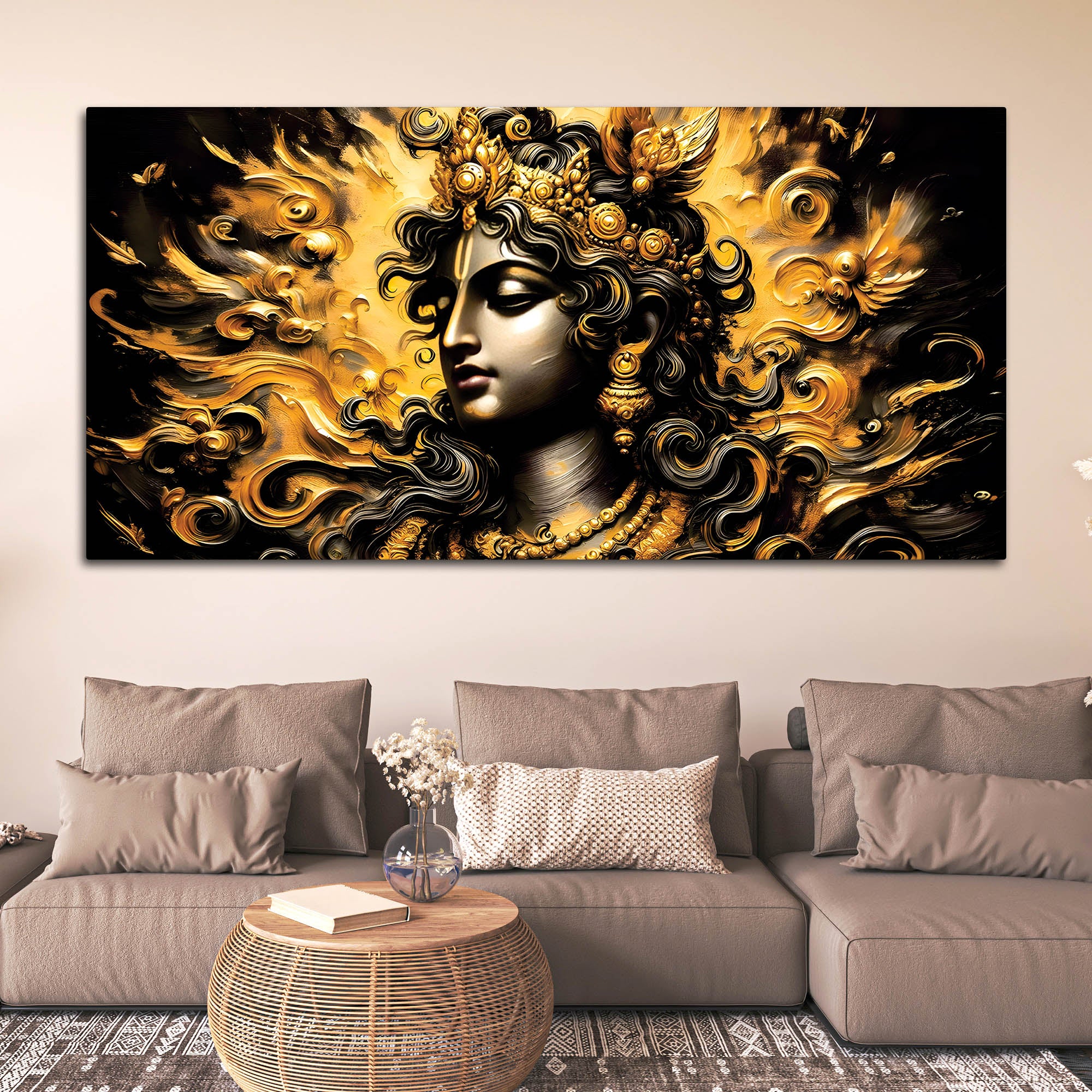 Artistic Lord Krishna Gold Effect Canvas Painting for Home Interiors - Image 3