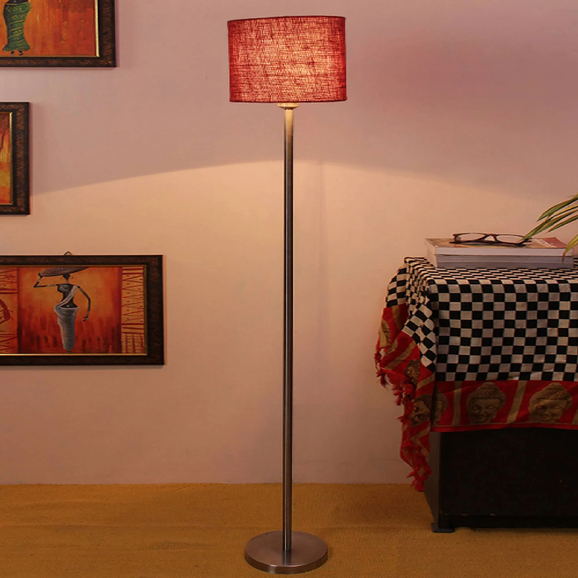 Artistic Maroon Color Drum Shaped Designer Steel Floor Lamp