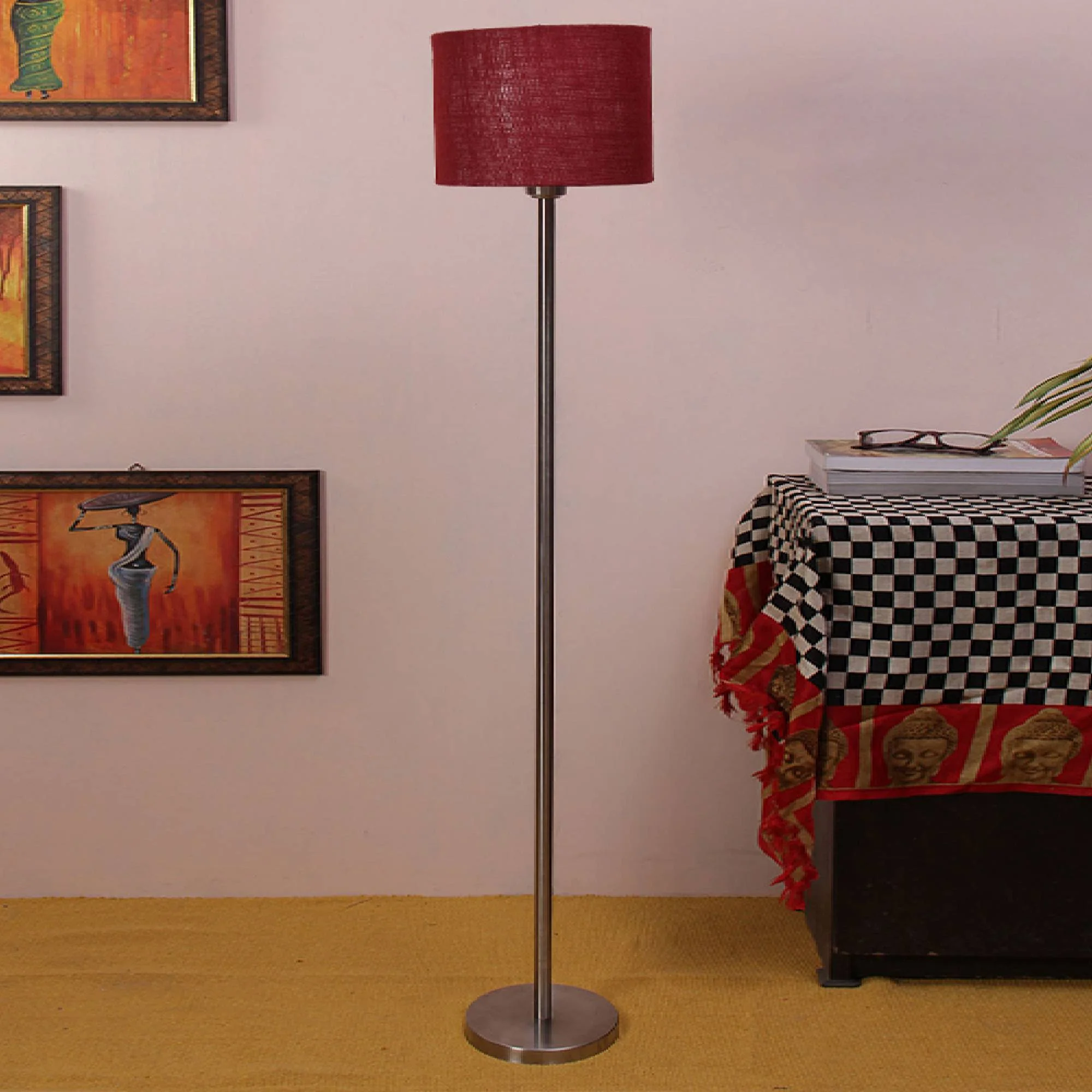 Artistic Maroon Color Drum Shaped Designer Steel Floor Lamp - Image 2