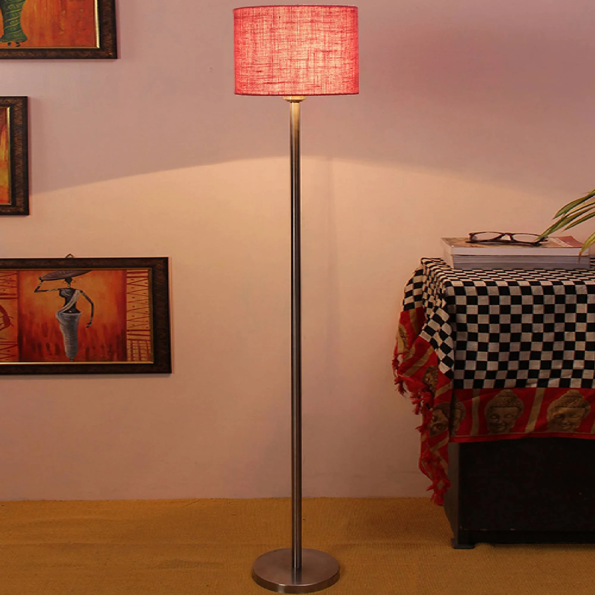 Artistic Pink Color Drum Shaped Designer Steel Floor Lamp