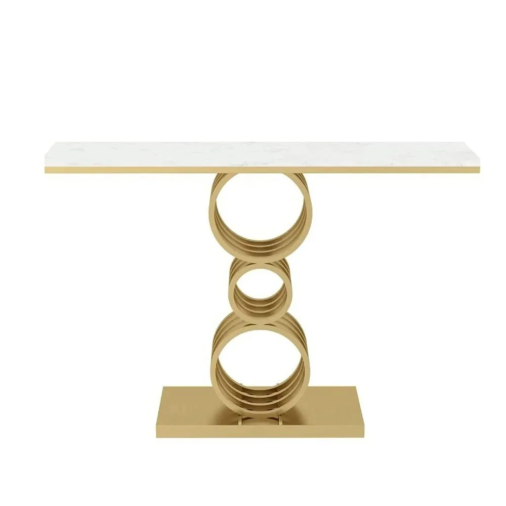 Artistic Triple Ring Gold Base Marble Console Table - Image 3