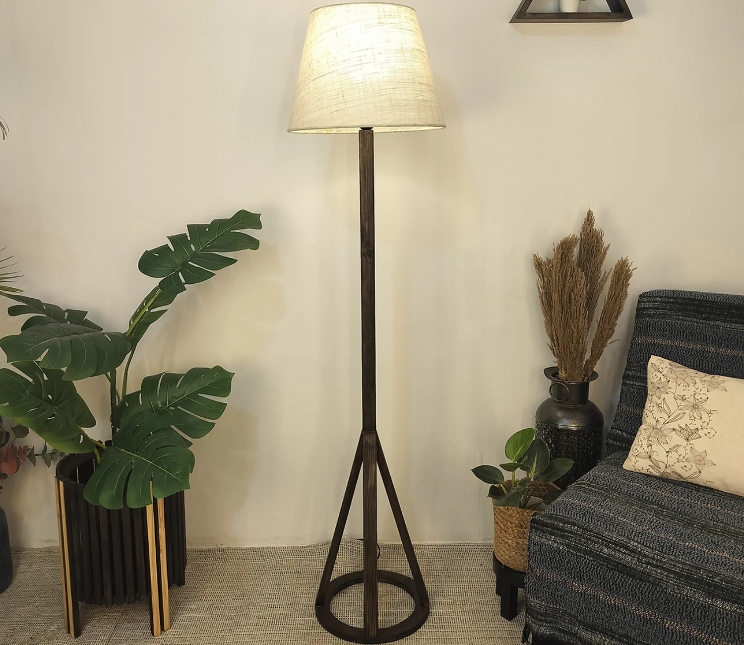 Artistic Wooden Floor Lamp with Premium Beige Fabric Lampshade - Image 2