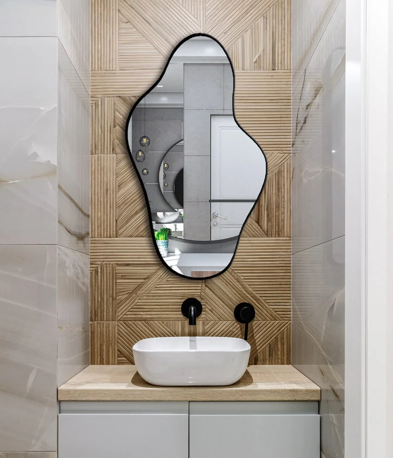 Asymmetrical Irregular Bathroom Decor Mirror with Black Wooden Finish - Image 2
