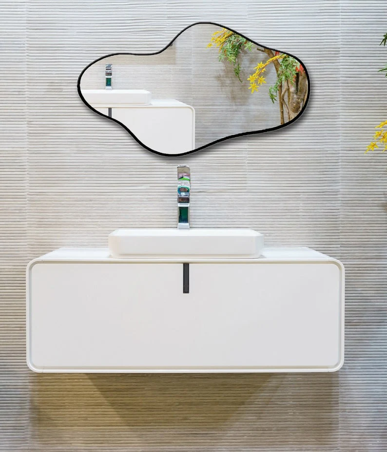 Asymmetrical Irregular Bathroom Decor Mirror with Black Wooden Finish - Image 4