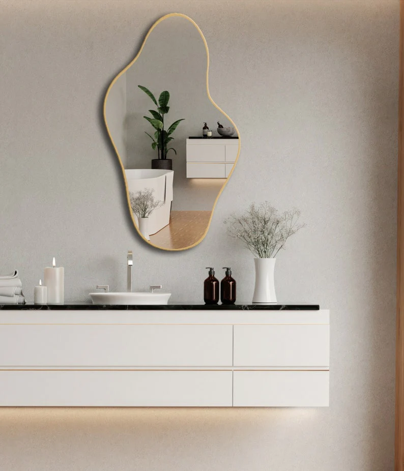 Asymmetrical Irregular Bathroom Decor Mirror with Golden Wooden Finish - Image 2