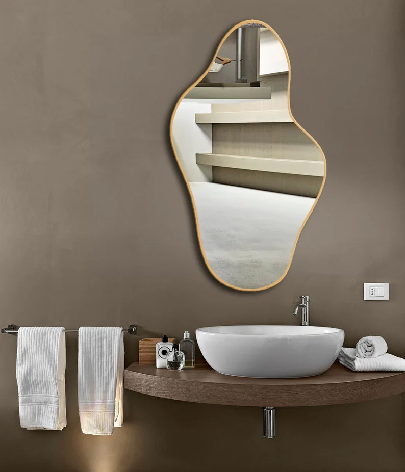 Asymmetrical Irregular Bathroom Decor Mirror with Golden Wooden Finish - Image 3