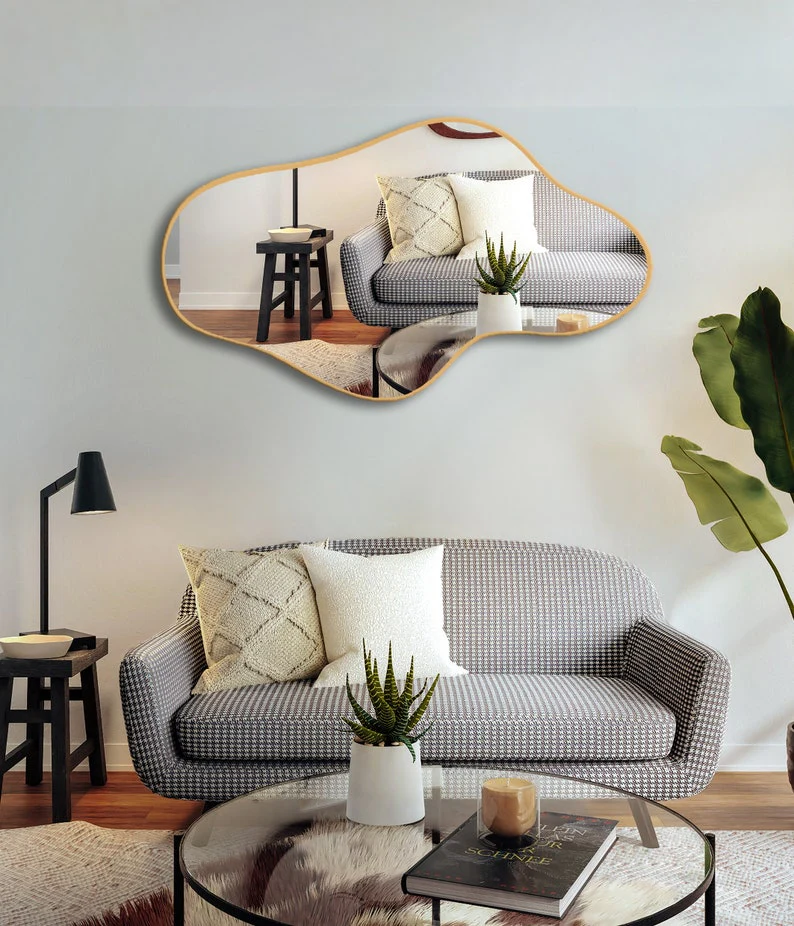 Asymmetrical Irregular Bathroom Decor Mirror with Golden Wooden Finish - Image 4