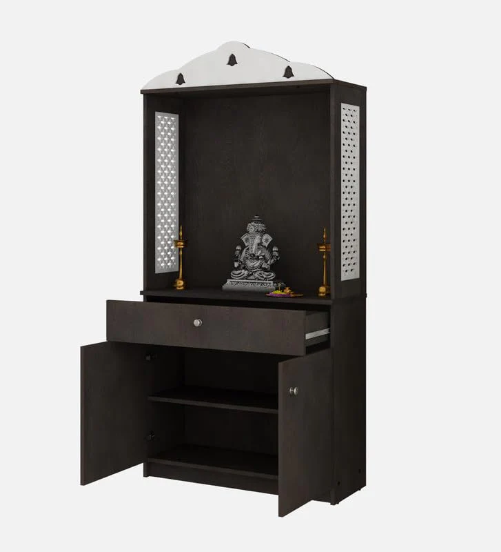 Attractive White Arch Design Dark Brown Finish Wooden Pooja Temple for Home & Office with Side Jali Panels & Drawer Cabinet Storage - Image 5
