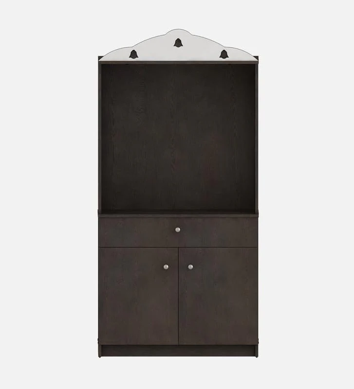 Attractive White Arch Design Dark Brown Finish Wooden Pooja Temple for Home & Office with Side Jali Panels & Drawer Cabinet Storage - Image 6