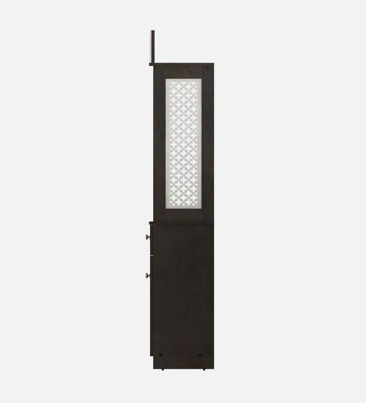 Attractive White Arch Design Dark Brown Finish Wooden Pooja Temple for Home & Office with Side Jali Panels & Drawer Cabinet Storage - Image 8