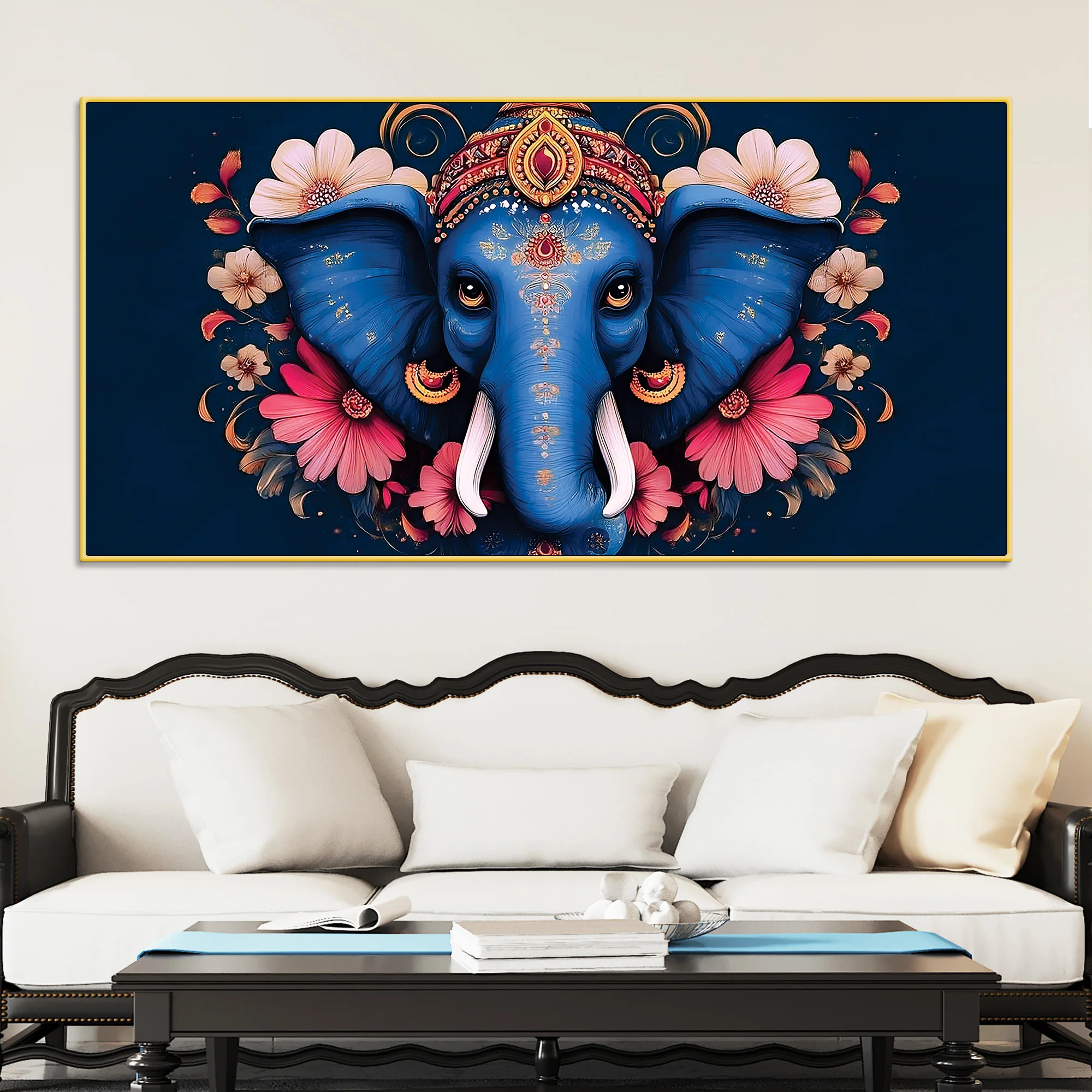 Auspicious Blue Lord Ganesha Adorned With Flowers Traditional Folk Art Style Canvas Wall Painting For Home & Office Spaces