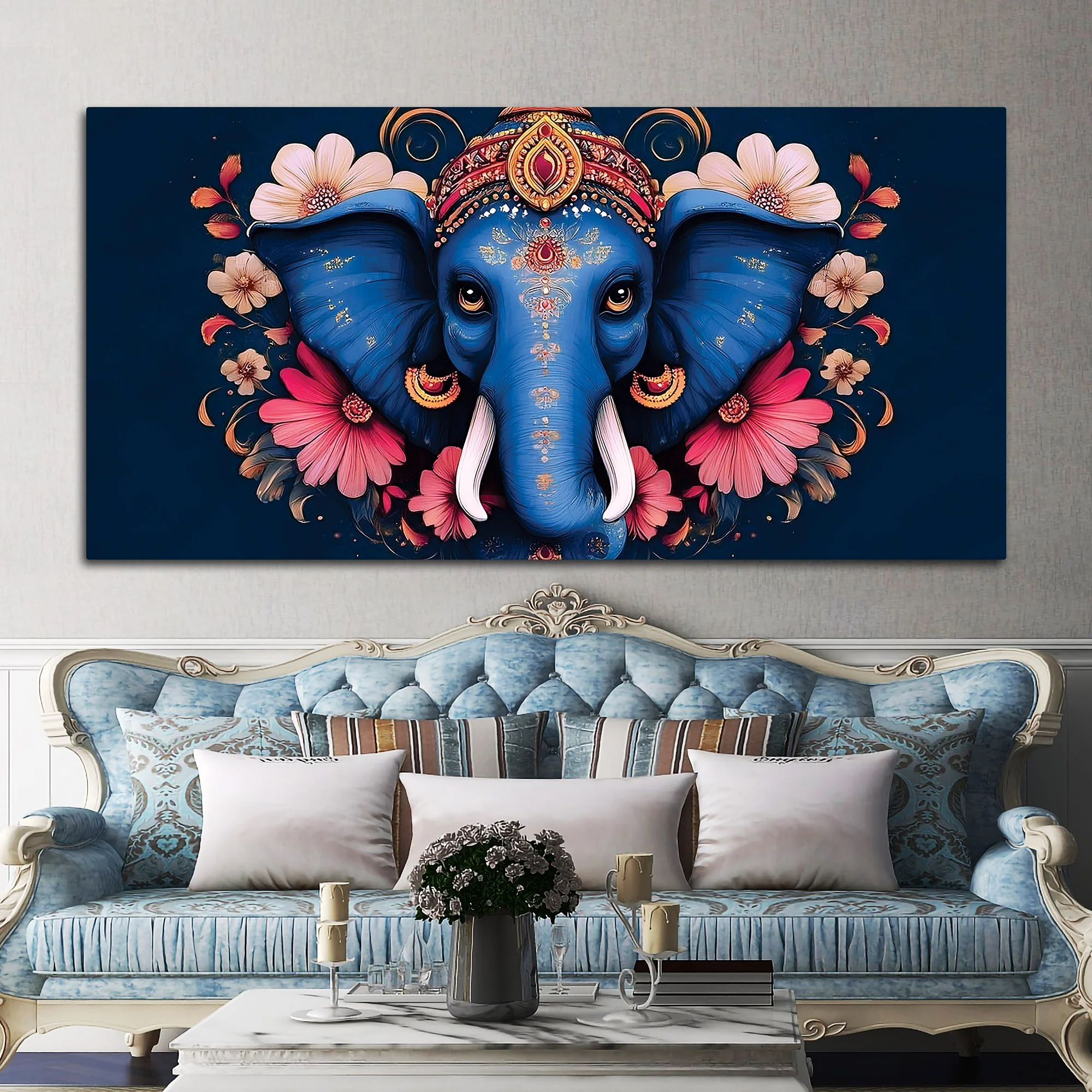 Auspicious Blue Lord Ganesha Adorned With Flowers Traditional Folk Art Style Canvas Wall Painting For Home & Office Spaces - Image 2