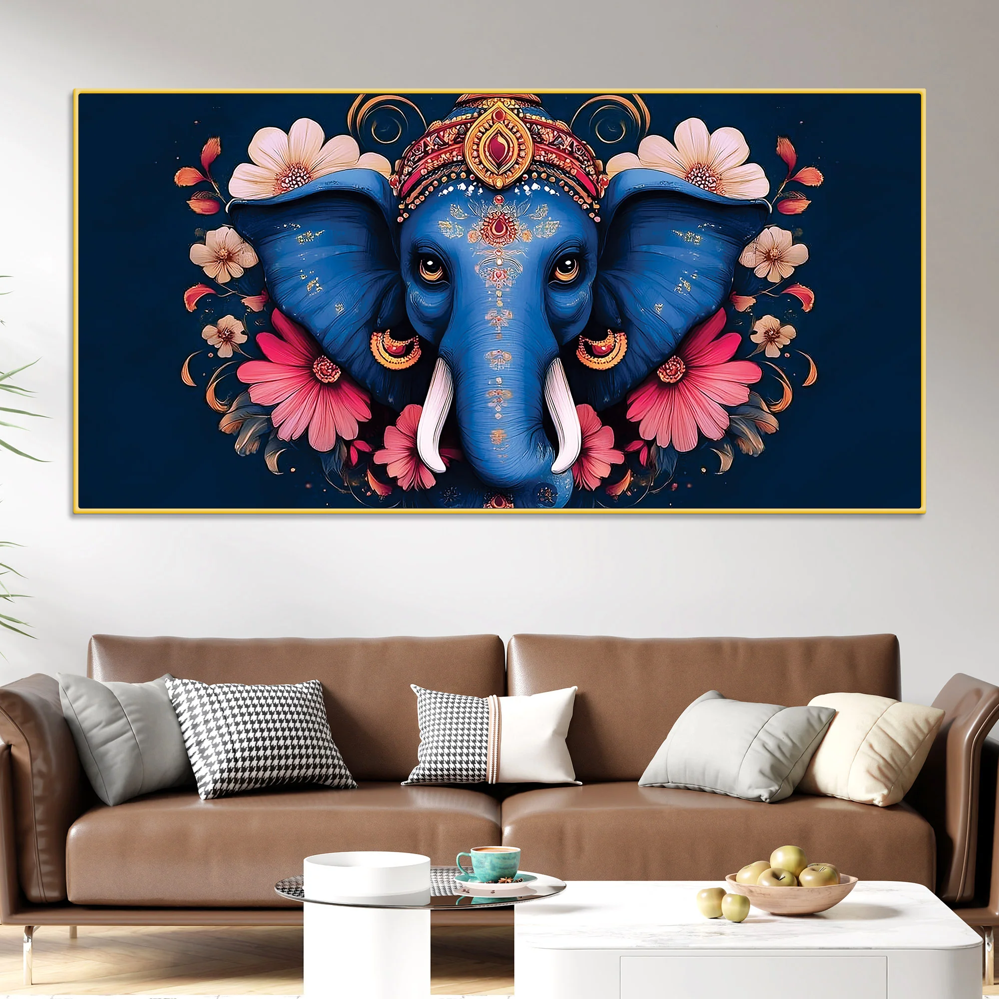 Auspicious Blue Lord Ganesha Adorned With Flowers Traditional Folk Art Style Canvas Wall Painting For Home & Office Spaces - Image 3