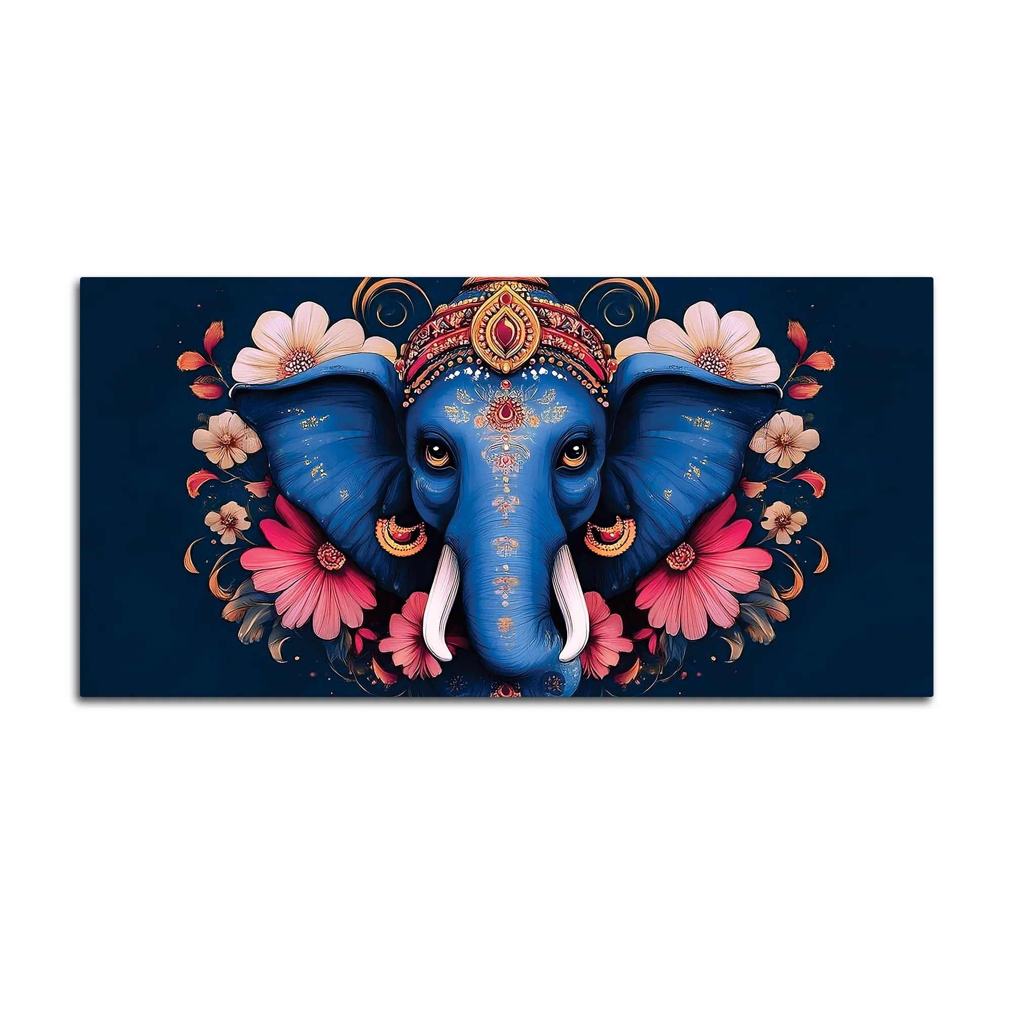 Auspicious Blue Lord Ganesha Adorned With Flowers Traditional Folk Art Style Canvas Wall Painting For Home & Office Spaces - Image 4