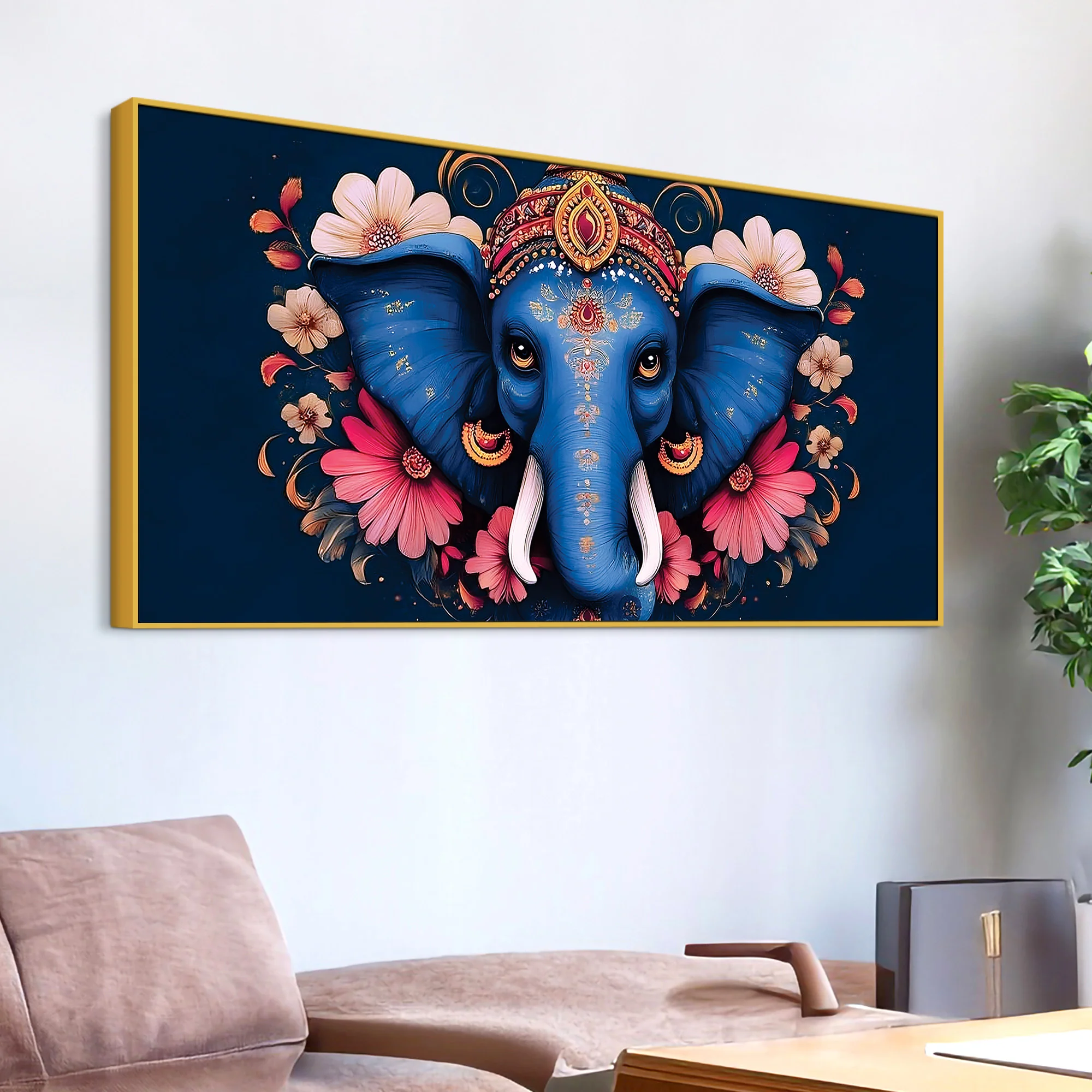 Auspicious Blue Lord Ganesha Adorned With Flowers Traditional Folk Art Style Canvas Wall Painting For Home & Office Spaces - Image 5