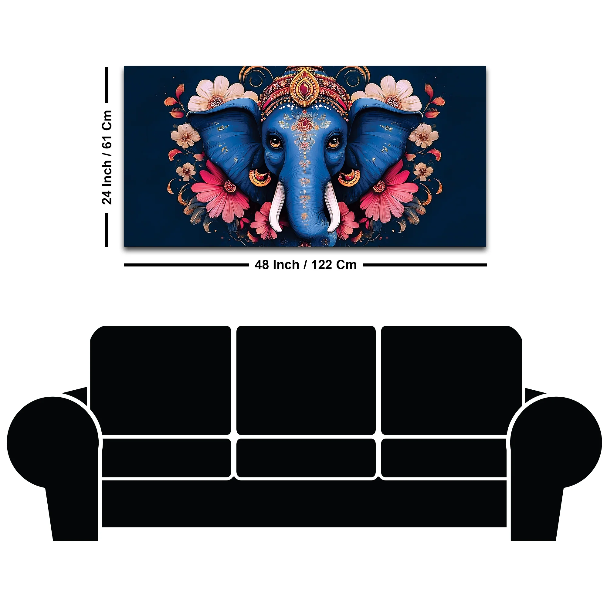 Auspicious Blue Lord Ganesha Adorned With Flowers Traditional Folk Art Style Canvas Wall Painting For Home & Office Spaces - Image 8