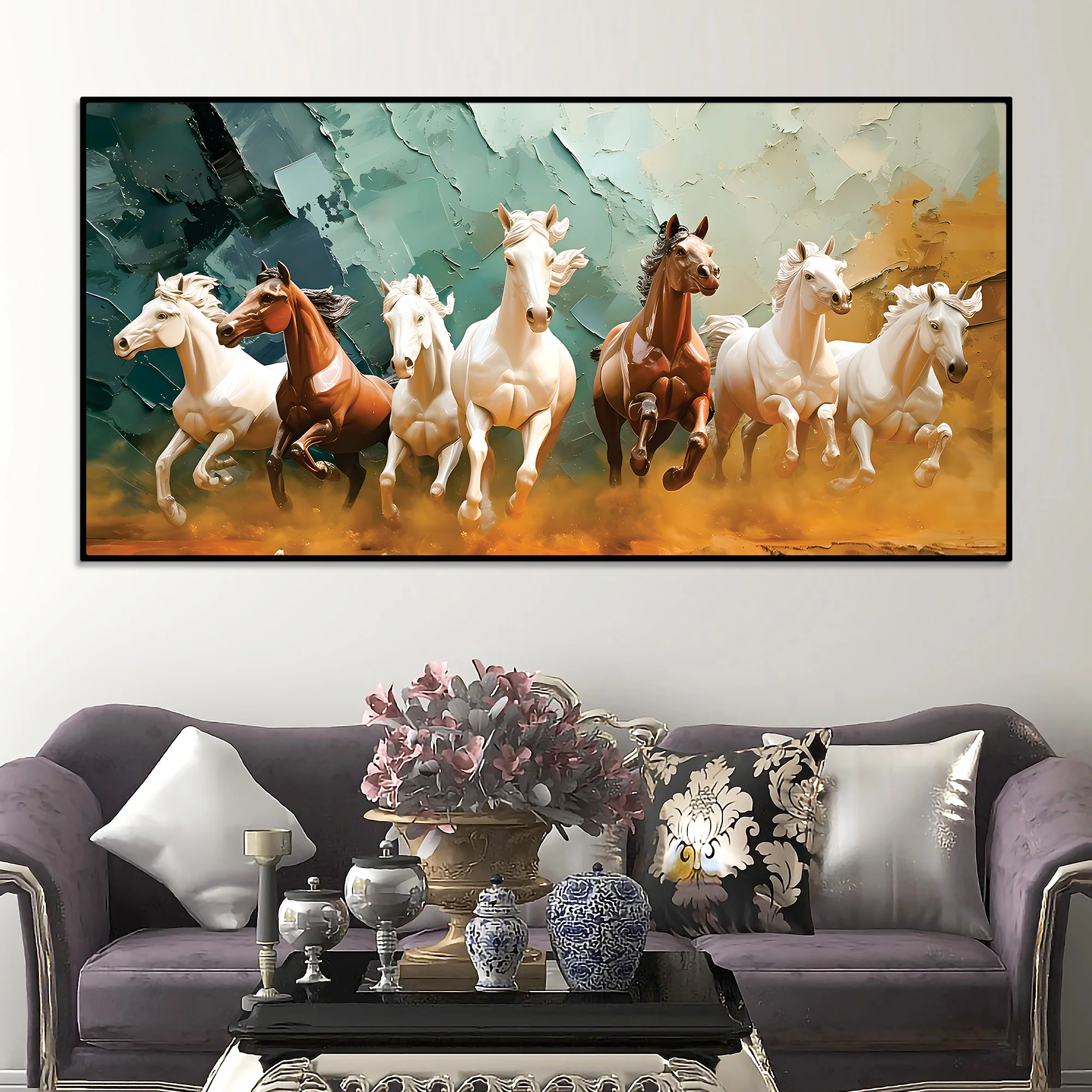 Auspicious Canvas wall Painting of Seven Running Horses - Image 2