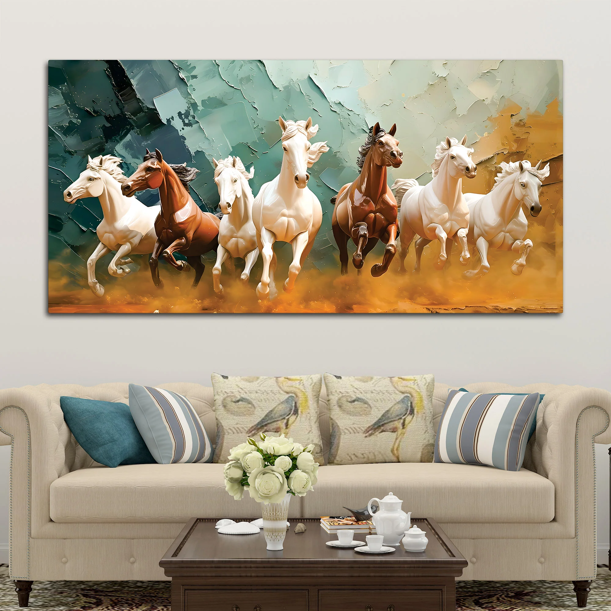 Auspicious Canvas wall Painting of Seven Running Horses - Image 3