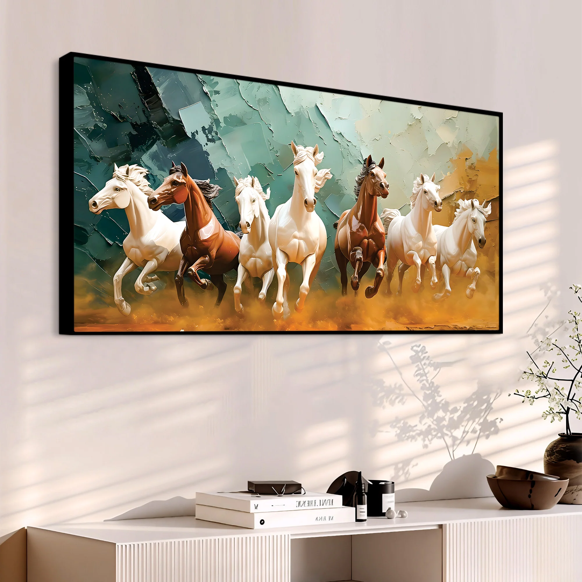 Auspicious Canvas wall Painting of Seven Running Horses - Image 4