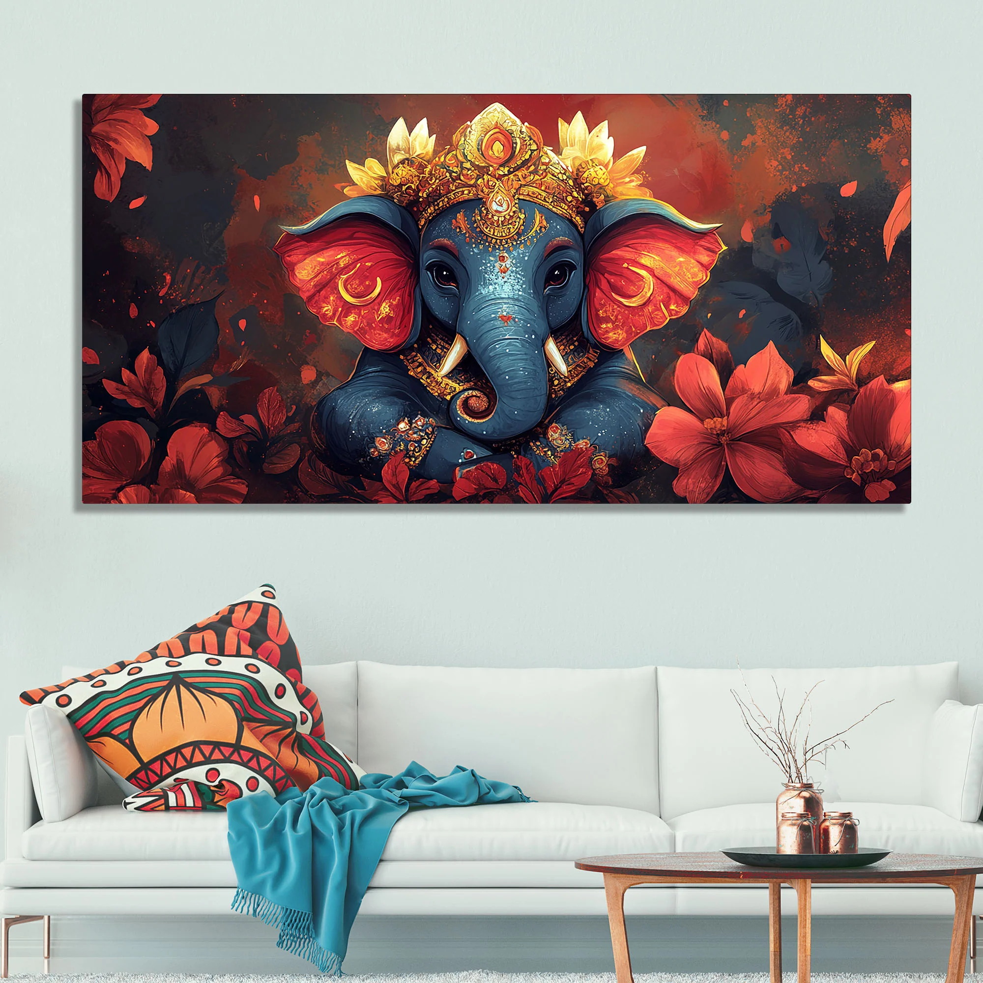 Auspicious Lord Ganesh Golden Adornments Fiery Canvas Wall Painting - Image 2