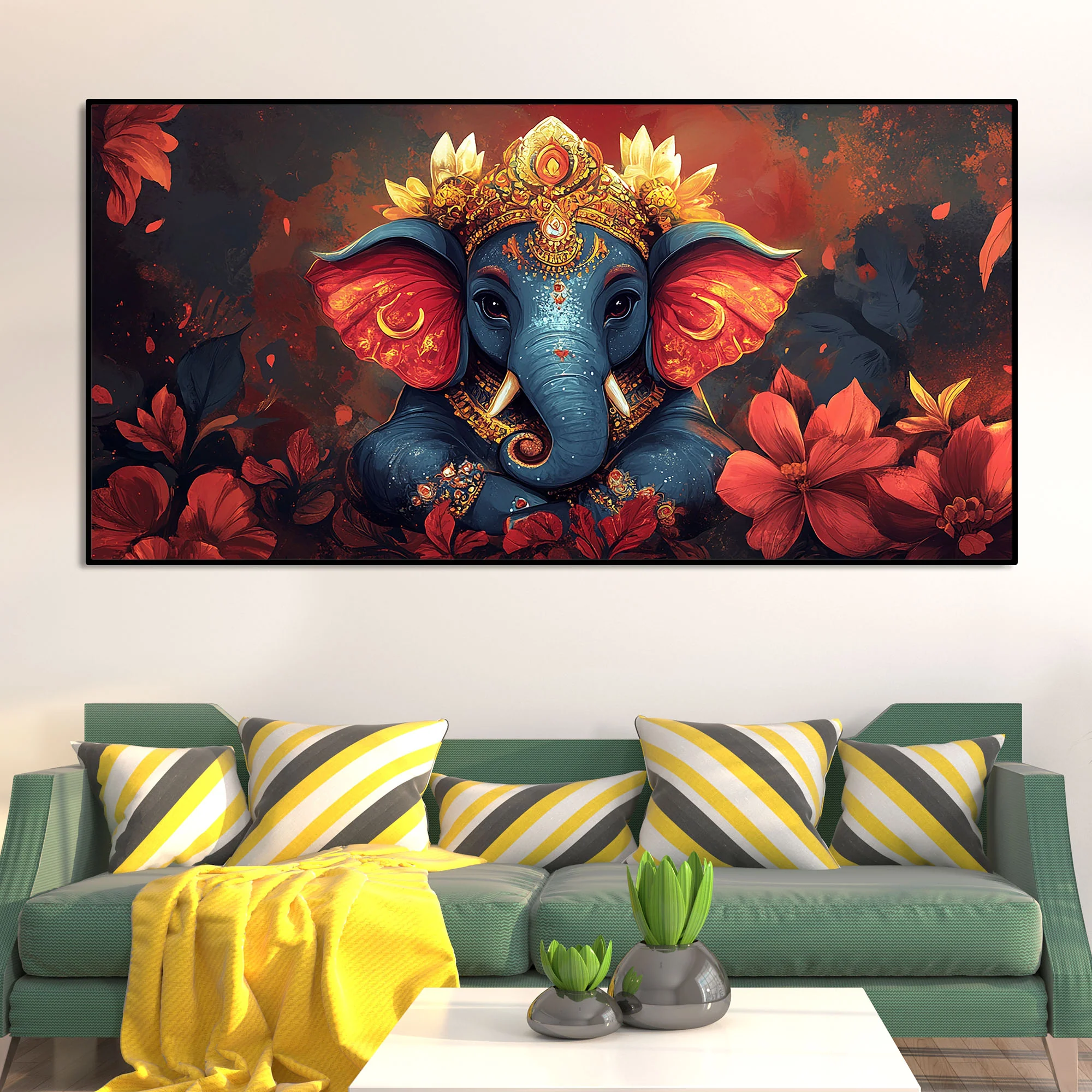 Auspicious Lord Ganesh Golden Adornments Fiery Canvas Wall Painting - Image 3