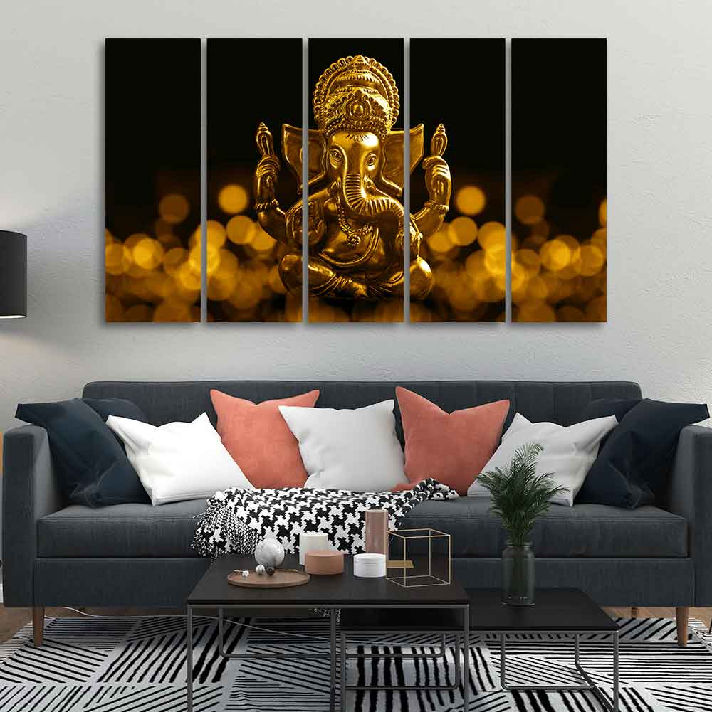 Auspicious Lord Ganesha Canvas Wall Painting of Five Pieces - Image 3