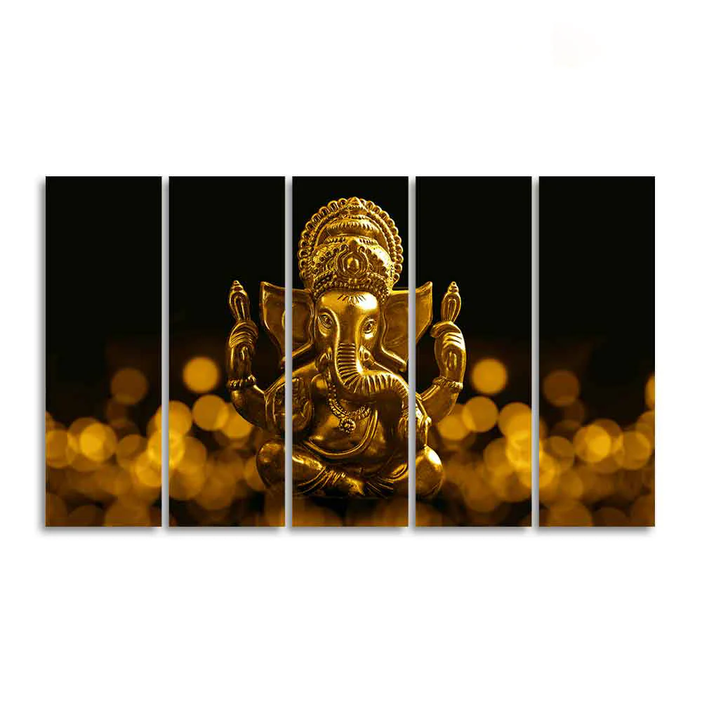 Auspicious Lord Ganesha Canvas Wall Painting of Five Pieces - Image 4
