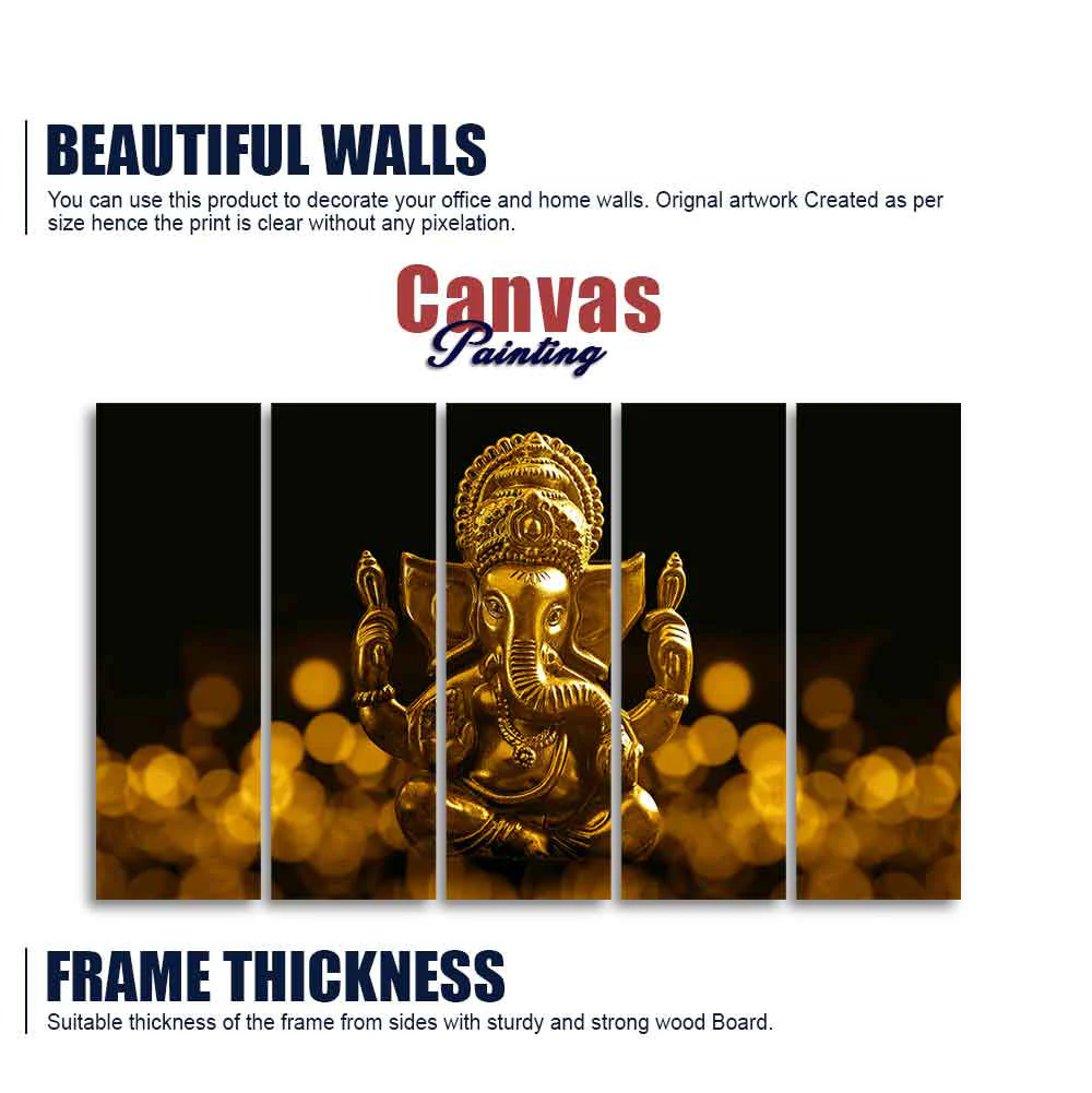 Auspicious Lord Ganesha Canvas Wall Painting of Five Pieces - Image 5