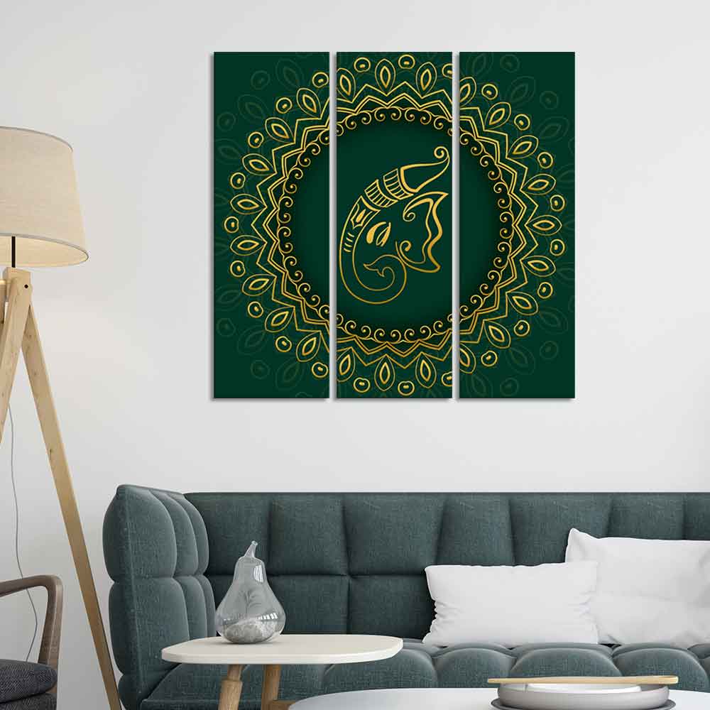 Auspicious Lord Ganesha Head Canvas Wall Painting of Three Pieces - Image 2