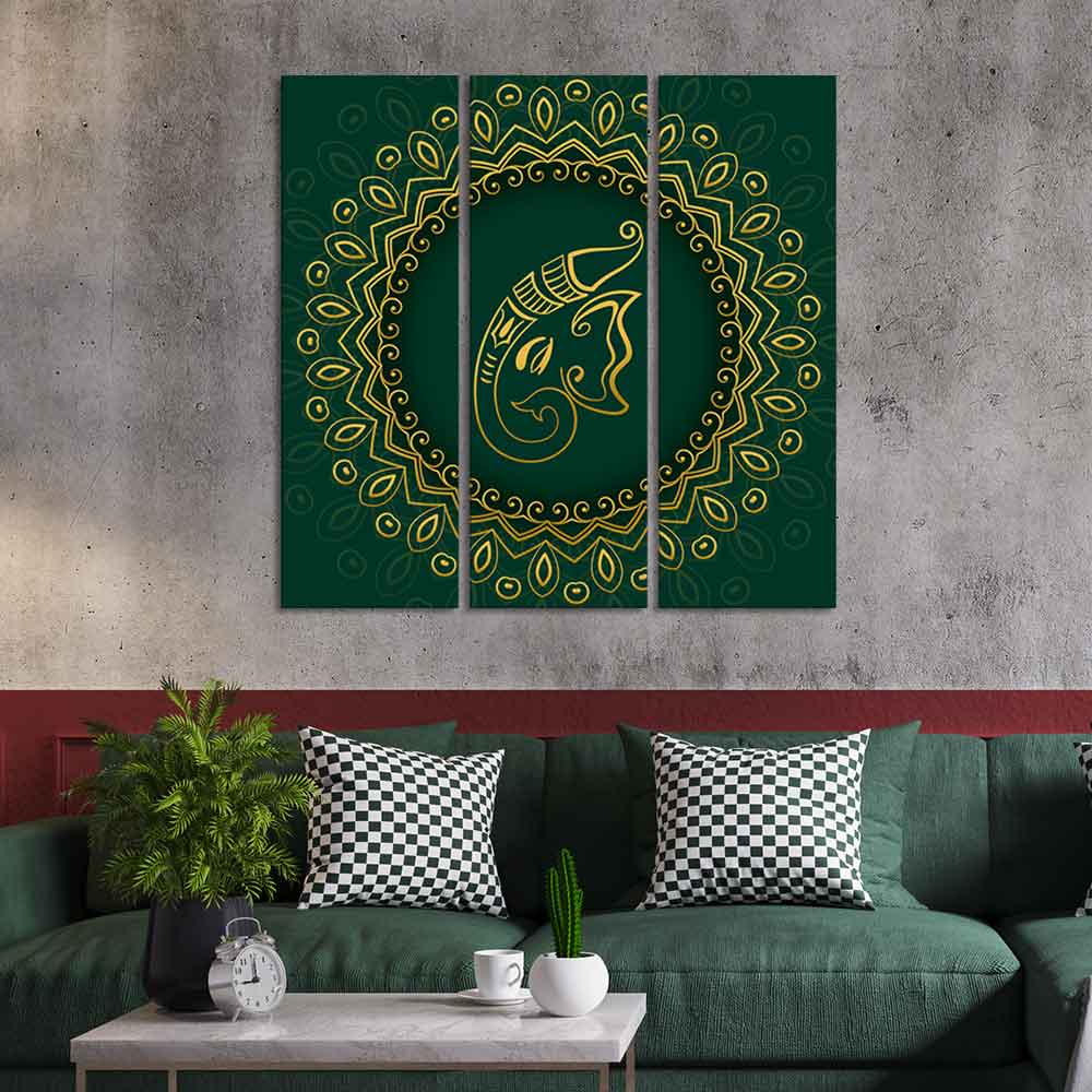 Auspicious Lord Ganesha Head Canvas Wall Painting of Three Pieces - Image 3