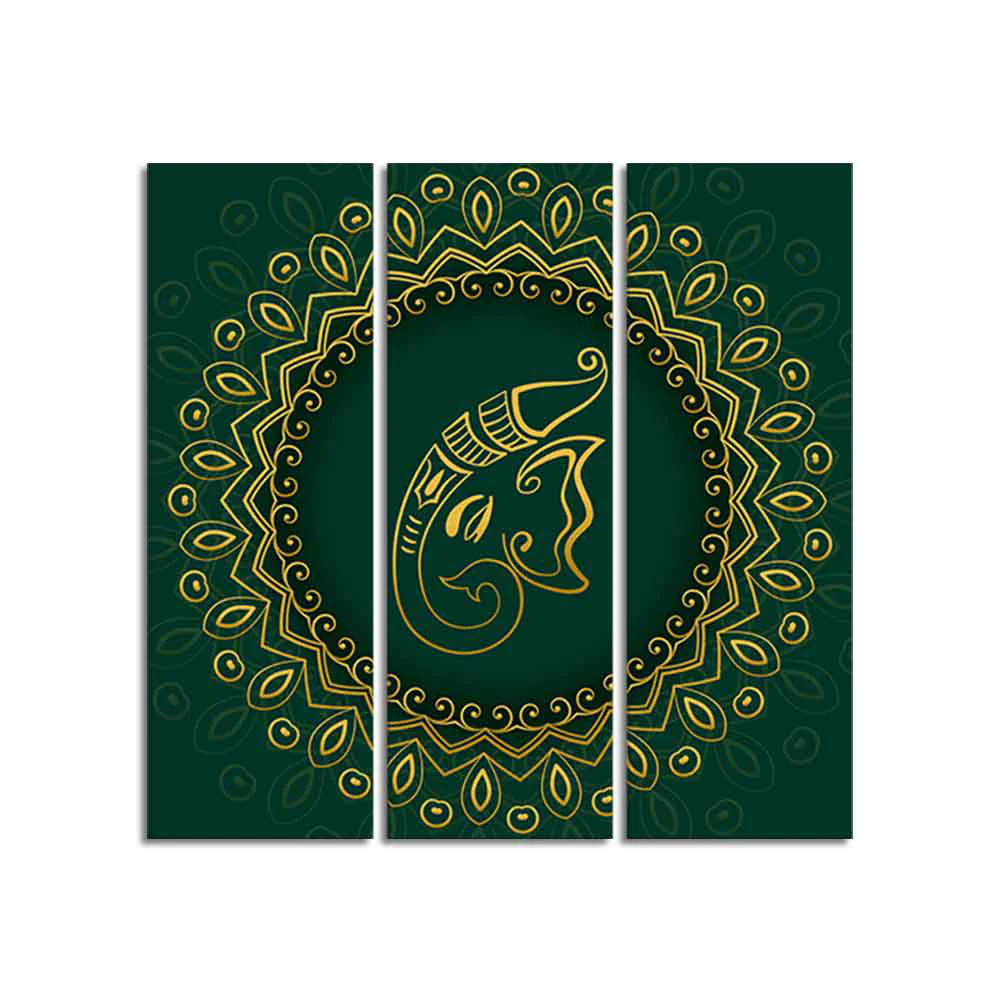 Auspicious Lord Ganesha Head Canvas Wall Painting of Three Pieces - Image 4