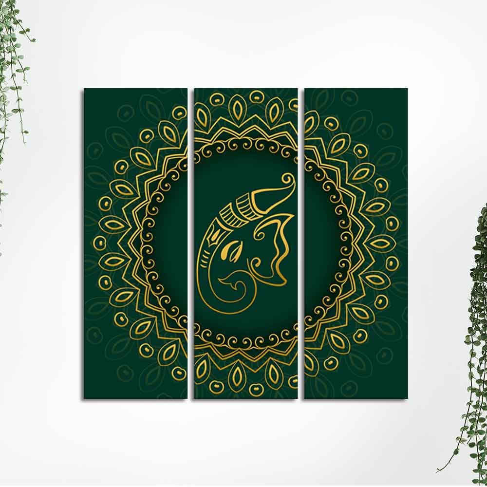 Auspicious Lord Ganesha Head Canvas Wall Painting of Three Pieces - Image 5